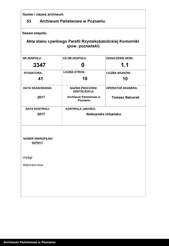 image.from.team "Akta stanu cywilnego Parafii Rzymskokatolickiej Komorniki (pow. poznański)"