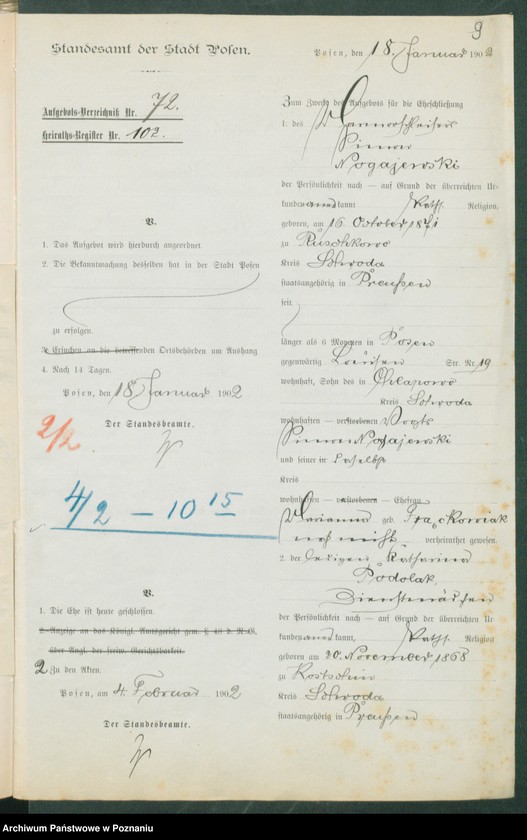 Obraz 11 z jednostki "[Dokumenty dostarczone przez narzeczonych do zawarcia związku małżeńskiego za 1902 rok. Tom III]"