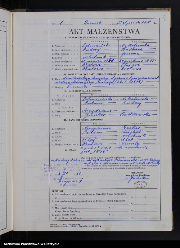 Obraz 3 z jednostki "Księga małżeństw Nr 1 - 12,1 - 9,1 - 15,1 - 12,1 - 17 i 1 - 15 /brak lat 1880 - 1882/ /przepisana w języku polskim z oryginału niemieckiego w dniach 8.10.-11.10.1961/"