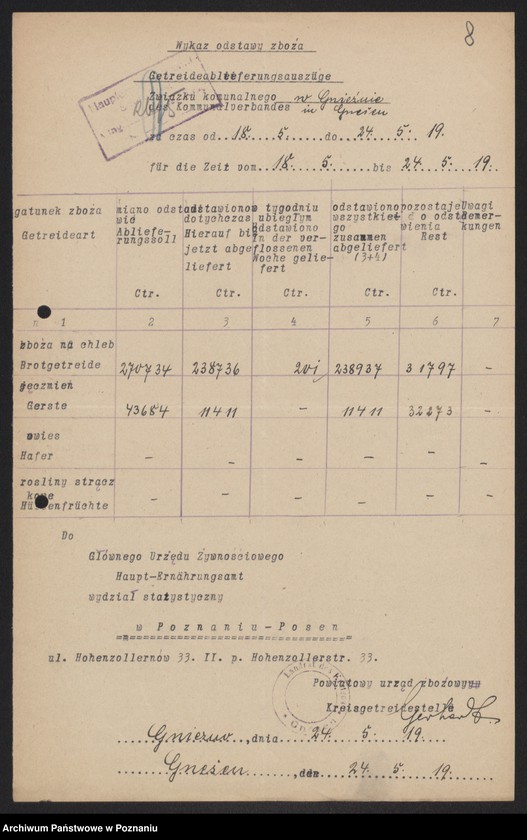 Obraz 10 z jednostki "[Wykazy odstawionego zboża przez Związek Komunalny w Gnieźnie]"