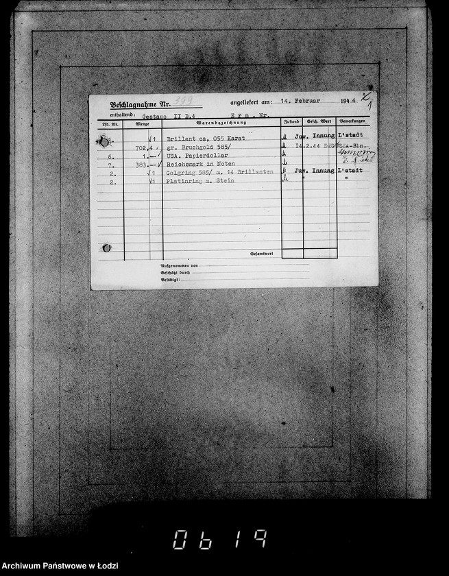 Obraz 5 z jednostki "Gestapo 200-400 [Kartoteka skonfiskowanego majątku ruchomego u Żydów]"