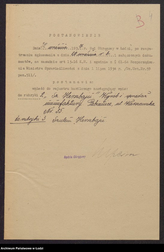 Obraz 6 z jednostki "Szulem Herszbajn- wyrób i sprzedaż manufaktury w Pabianicach"