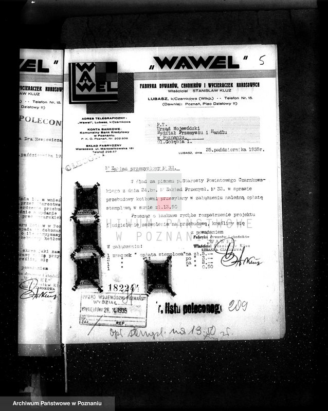 Obraz 9 z jednostki "Zatwierdzenie zakładu przemysłowego /kotłowni przy fabryce dywanów i chodników Firmy Wawel/ St. Kluze w Lubaszu"