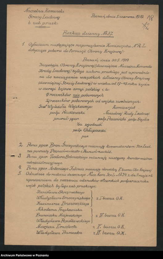 Obraz 20 z jednostki "/Rozkazy dzienne Straży Ludowej byłego Zaboru Pruskiego, przemianowanej następnie na wojsko "Obrony Kraju"/."