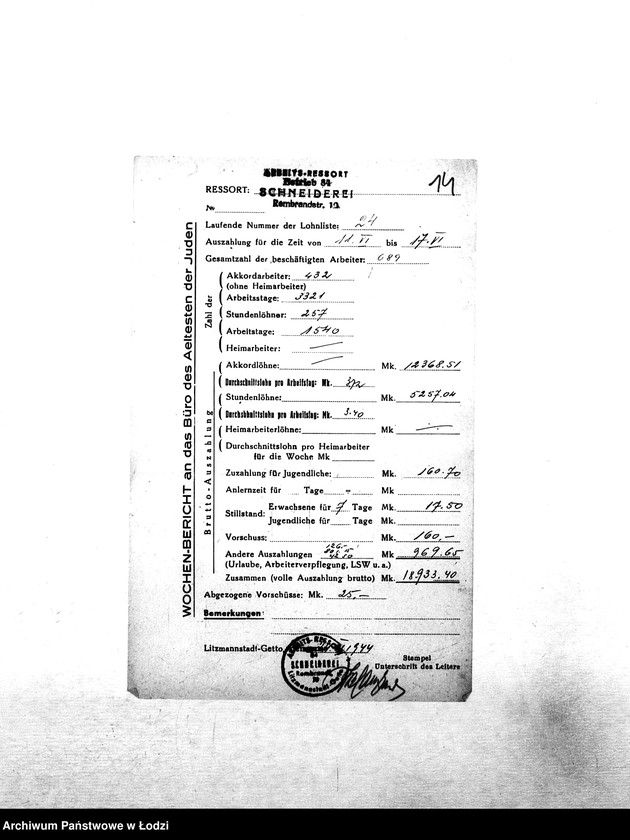 Obraz 17 z jednostki "[Tygodniowe sprawozdania resortów pracy: liczba pracowników, czas pracy, wysokość płacy]"