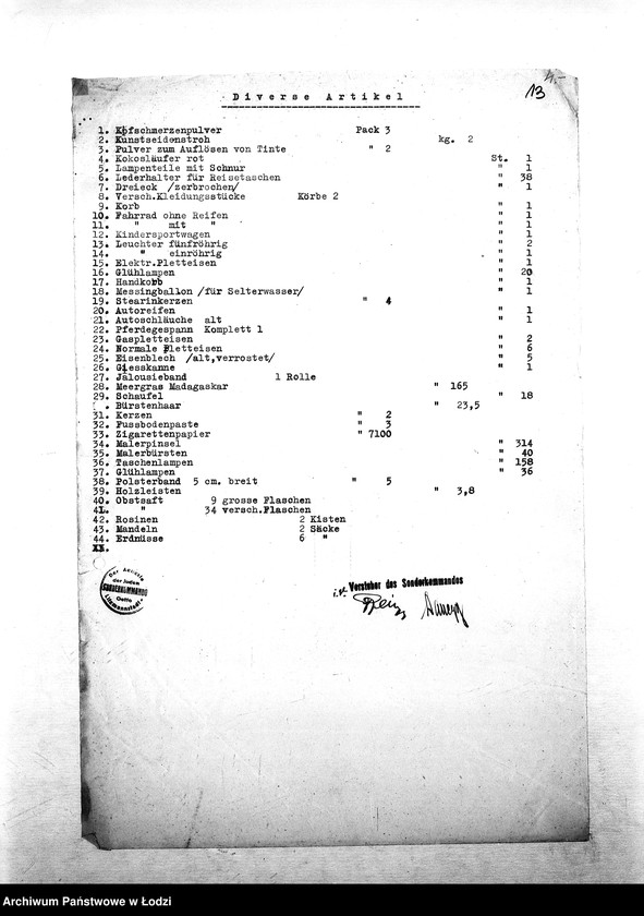 Obraz 16 z jednostki "[Specyfikacje materiałów technicznych, skórzanych, chemicznych, farbiarskich; artykułów biurowych, narzędzi, maszyn, tkanin, żywności i innych posiadanych na składzie Wydziału Specjalnego]"
