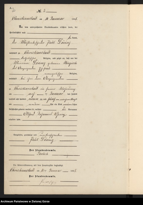 Obraz 5 z jednostki "Geburts-Neben-Register im Standes-Amt Christianstadt Kreis Sorau 1895"