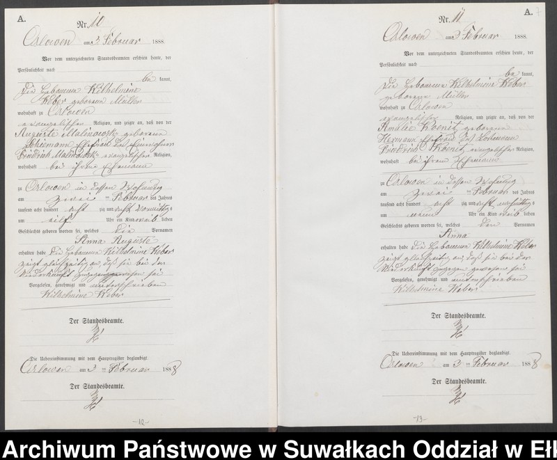 image.from.unit.number "Geburts-Neben-Register des Preussischen Standes-Amtes Orlowen Kreis Loetzen für das Jahr 1888"