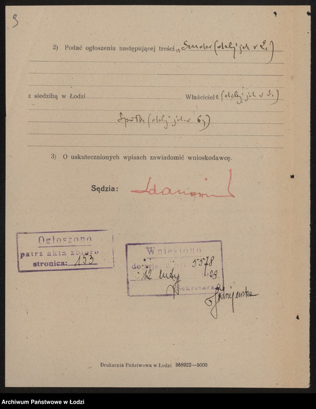 Obraz 11 z jednostki "Sender Biederman i S-ka- wyrób i sprzedaż towarów półwełnianych"