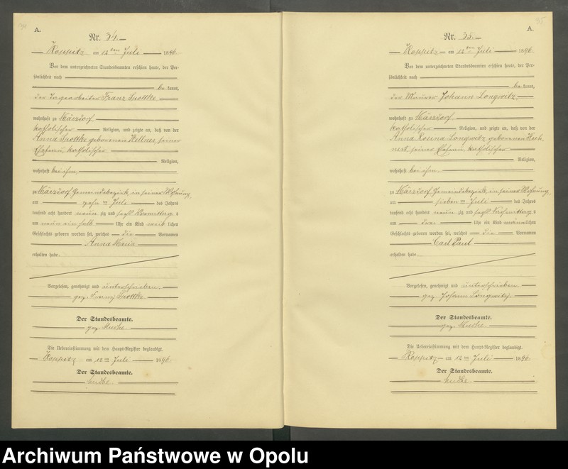 Obraz 20 z jednostki "Geburts-Neben-Register Standesamts Koppitz pro 1896"
