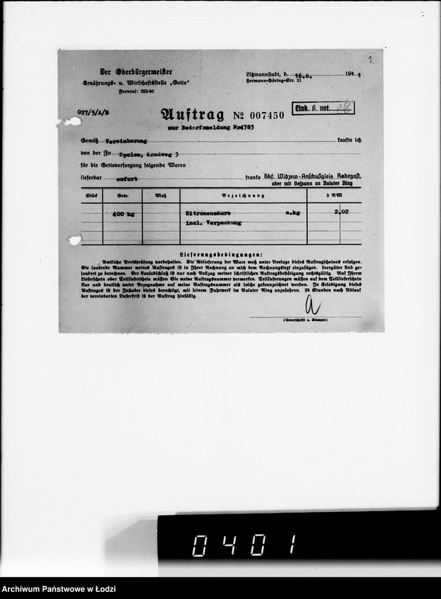 Obraz 5 z jednostki "[Upoważnienia do odbioru produktów żywnościowych i innych materiałów dostarczanych dla Getta] Auftragskopien"