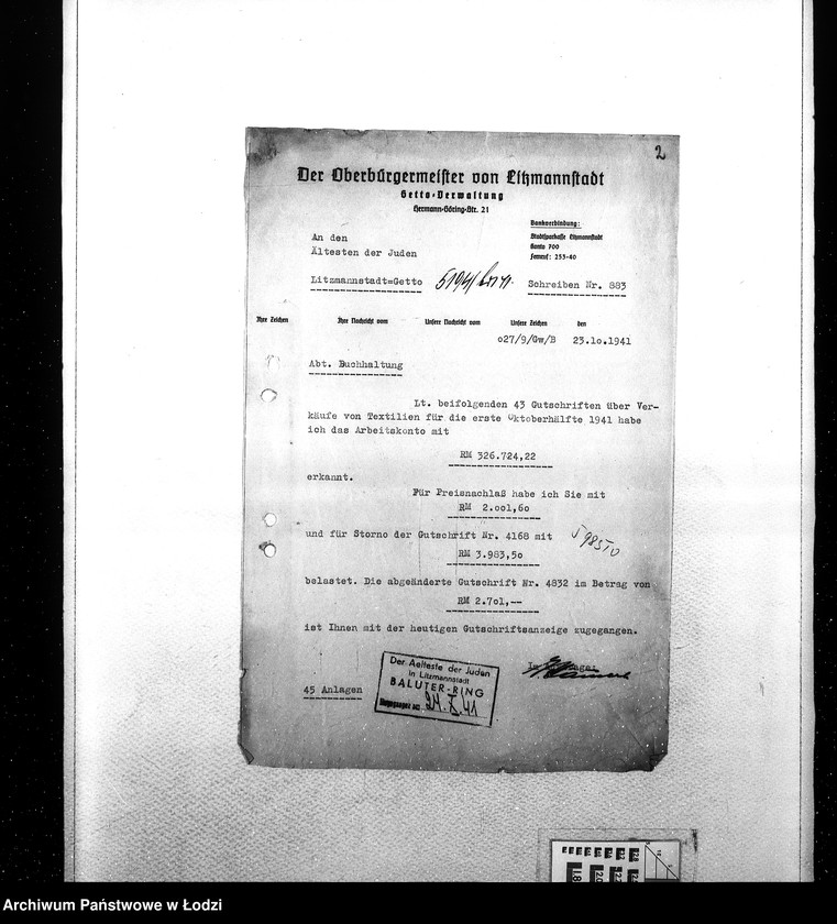 Obraz 5 z jednostki "Sonderkonto [Korespondencja PSŻ z GV w sprawach buchalteryjnych: uznanie konta za przekazane Niemcom mienie żydowskie i dostarczoną siłę roboczą w zamian świadczeń ze strony GV]"