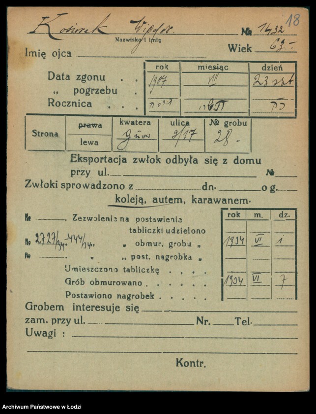 Obraz 19 z jednostki "Kartoteka osób pochowanych na cmentarzu żydowskim przy ulicy Brackiej w latach 1892-1959. Nazwiska na litery: Kos-Kra"