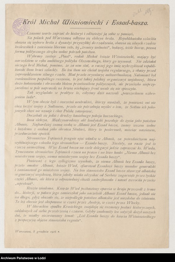 Obraz 1 z jednostki "[Ulotka nawiązująca do panowania króla Michała Korybuta Wisniowickiego oraz rządów Esada Pasza Toptani]"