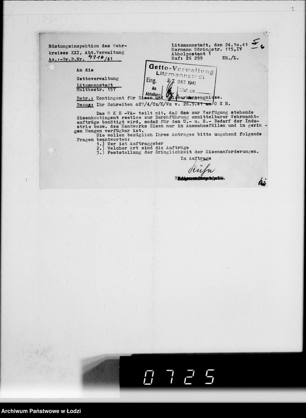 Obraz 10 z jednostki "Rüstungsinspektion des Wehrkreises XXI Abt.Verwaltung.[Korespondencja w sprawie przydziału żelaza]"