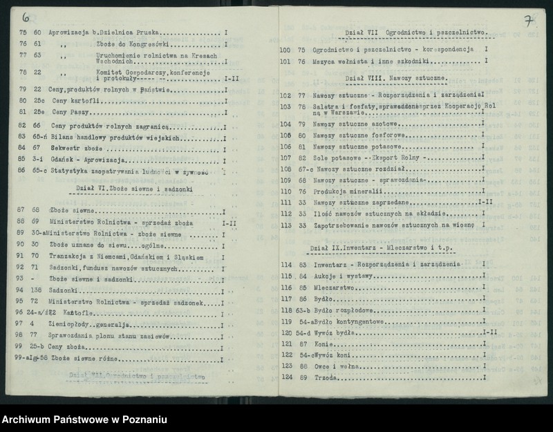 Obraz 7 z jednostki "Wykaz zdawczo-odbiorczy akt Departamentu Rolnictwa i Dóbr Państwowych byłego Ministerstwa byłej Dzielnicy Pruskiej przekazanych przez Ministerstwo Rolnictwa i R.R. do Archiwum Państwowego w Poznaniu. Tomów 878"