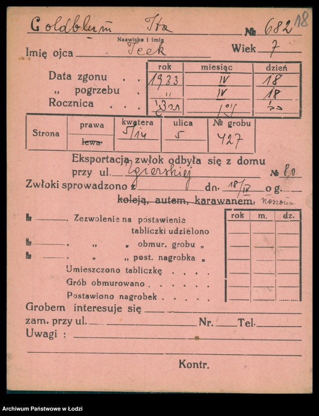 Obraz 19 z jednostki "Kartoteka osób pochowanych na cmentarzu żydowskim przy ulicy Brackiej w latach 1892-1954. Nazwiska na litery: Goldbl-Goldsz"