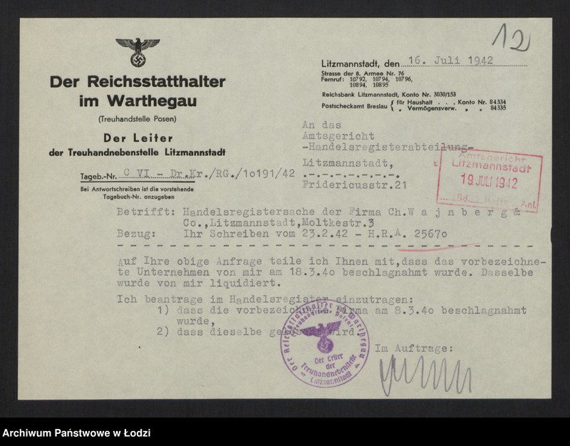 Obraz 14 z jednostki "Josef Wajnberg, Chaskiel Wajnberg- wyrób i sprzedaż towarów włókienniczych"