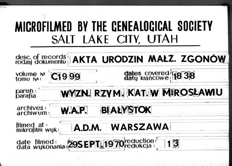 image.from.unit.number "Duplikat Aktów Urodzonych Zaślubionych y Zmarłych Osób w ciągu całego Roku 1838 Parafij Katolickiey Mirosław"