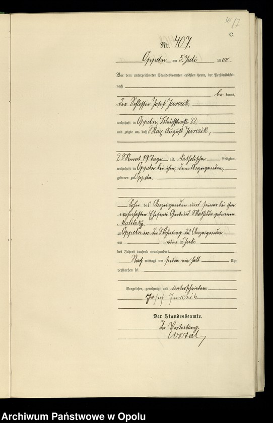 Obraz 20 z jednostki "Urząd Stanu Cywilnego w Opolu 1900 Rejestr zgonów Księga Miejscowa Nr 392 do 807"