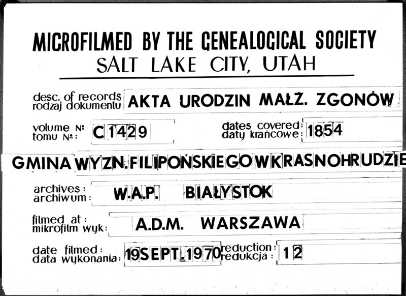 image.from.unit.number "Duplikat Urodzonych Zaślubionych i zmarłych Sekty Filiponów z Gminy Krasnohruda na rok 1854"