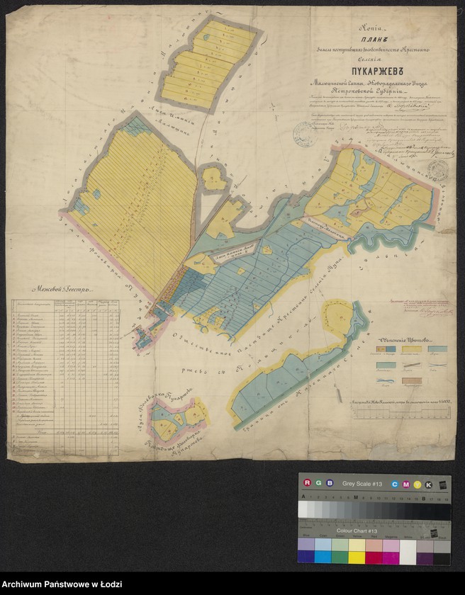 Obraz 1 z jednostki "Plan˝ zemel´ postupivšich v˝ sobstvennost˝ krest˝jan selenija Pukarzew˝ Malušinskoi gminy"