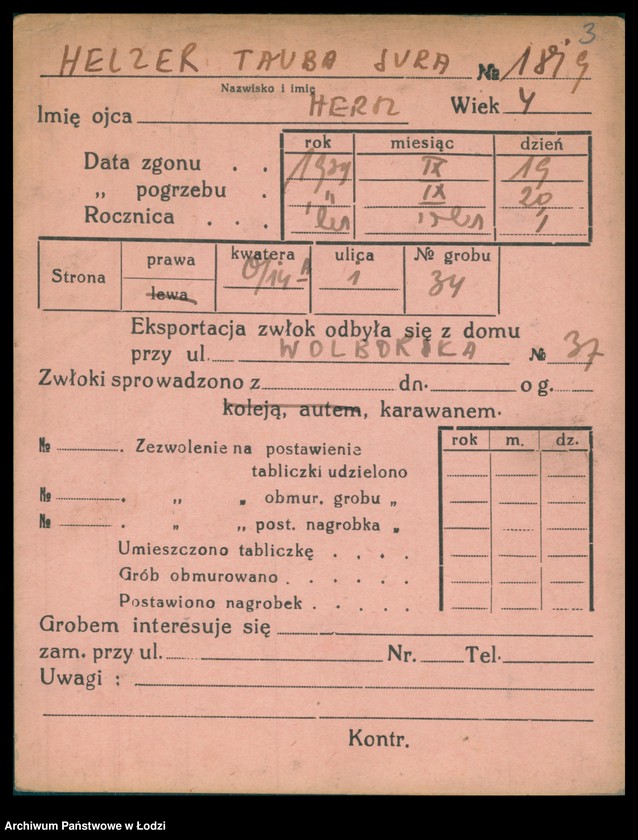 Obraz 4 z jednostki "Kartoteka osób pochowanych na cmentarzu żydowskim przy ulicy Brackiej w latach 1892-1955. Nazwiska na litery: Helmi-Hey"