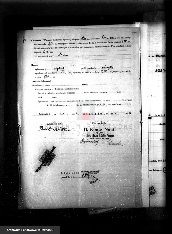 Obraz 10 z jednostki "Gorzelnia P. Kuettnera w Fabianowie pow. jarociński nr fabr. kotła 1960 nr woj. kotła 6273"