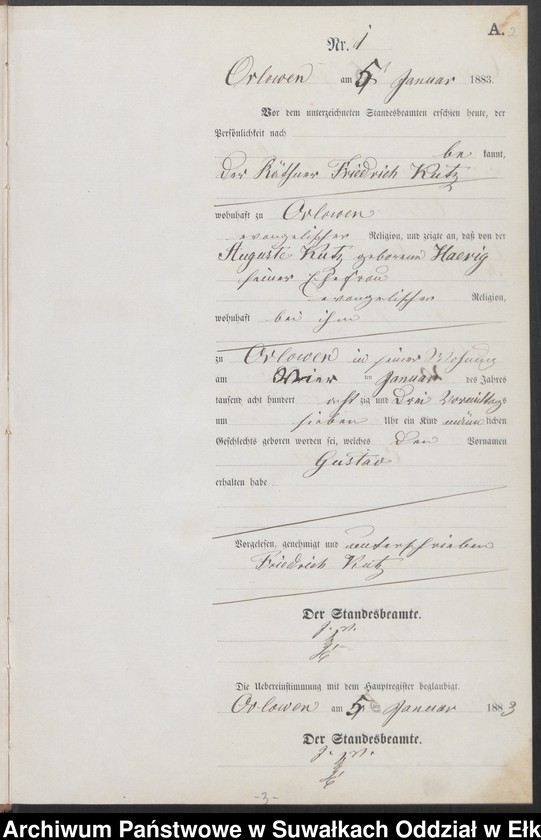 Obraz 5 z jednostki "Geburts-Neben-Register des Preussischen Standes-Amtes Orlowen Kreis Loetzen für das Jahr 1883"