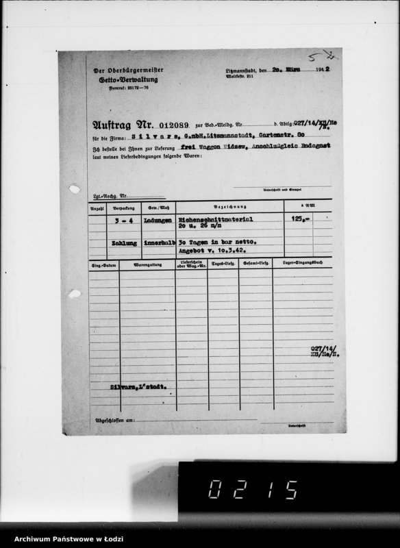 Obraz 8 z jednostki "Aufträge 7611-12089 und Rechnungen Firma Silvars G.m.b.H.Litzmannstadt auf Holzmaterial"
