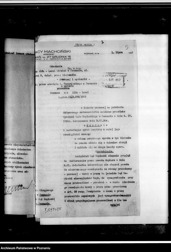 Obraz 9 z jednostki "Związek Pracowników Umysłowych - sprawa sporna L. Szuman c/a Tow. Alfa-Laval - spółka z o.o.- akta procesowe"