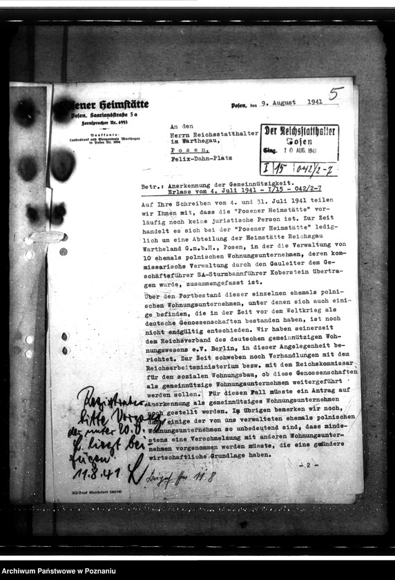 Obraz 9 z jednostki "Anerkennung der Gemeinnützigkeit der "Posener Heimstätte""