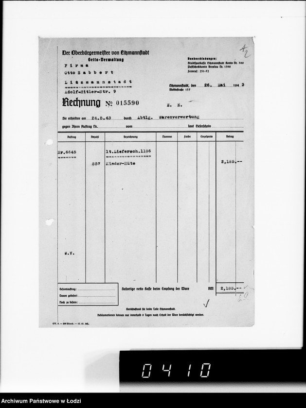 Obraz 6 z jednostki "Firma Otto Sabbert Litzmannstadt IV Warenverwertung an den Juden-Ältesten. Kinderhüte, Mützen"