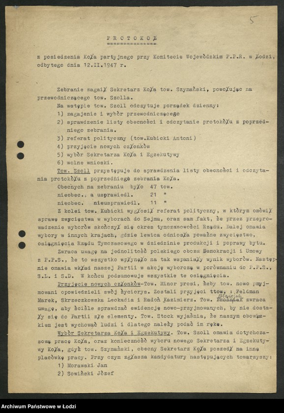 Obraz 6 z jednostki "Protokoły posiedzeń koła partyjnego przy Komitecie Wojewódzkim Polskiej Partii Robotniczej"