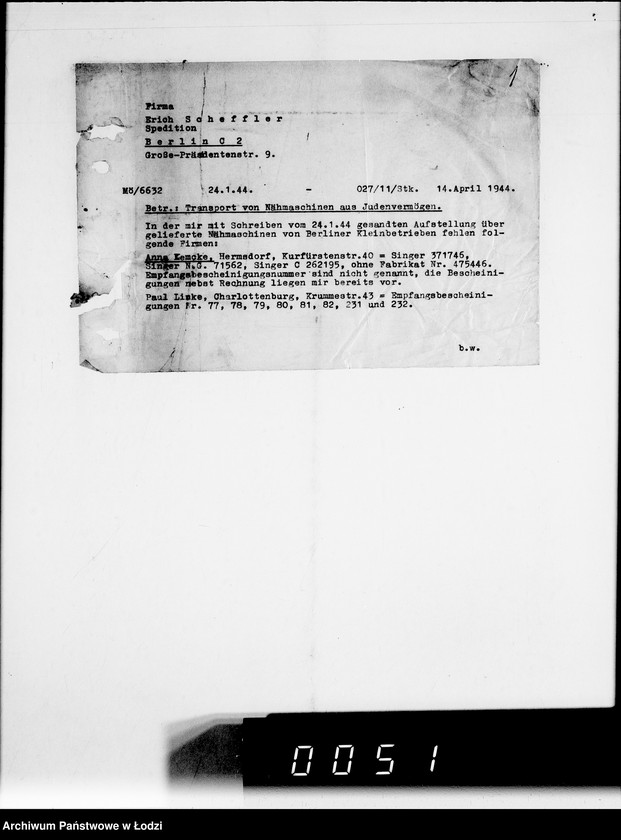 Obraz 5 z jednostki "Nähmaschinen. [Korespondencja w sprawie zakupu, transport i rachunki]"