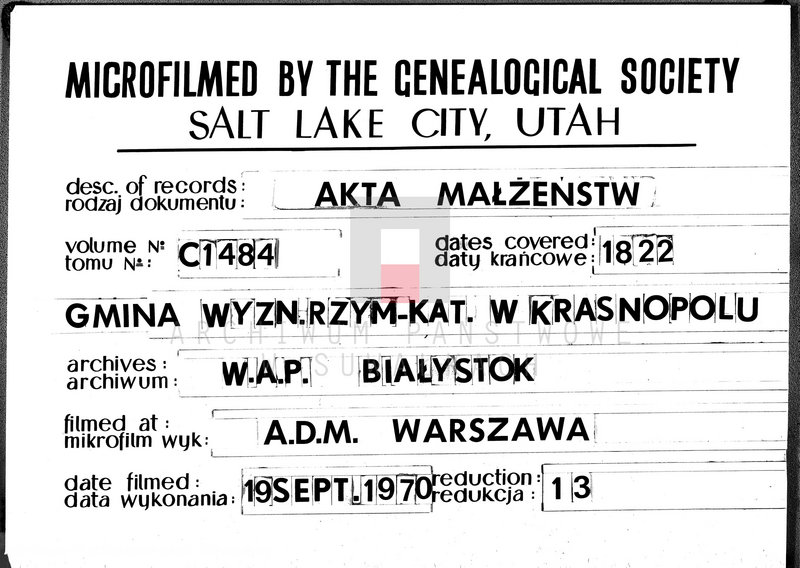 Obraz 1 z jednostki "Akta Zaślubionych Gminy Krasnopolskiey R-ku 1822. Powiat Seyneński. Województwo Augstowskie."