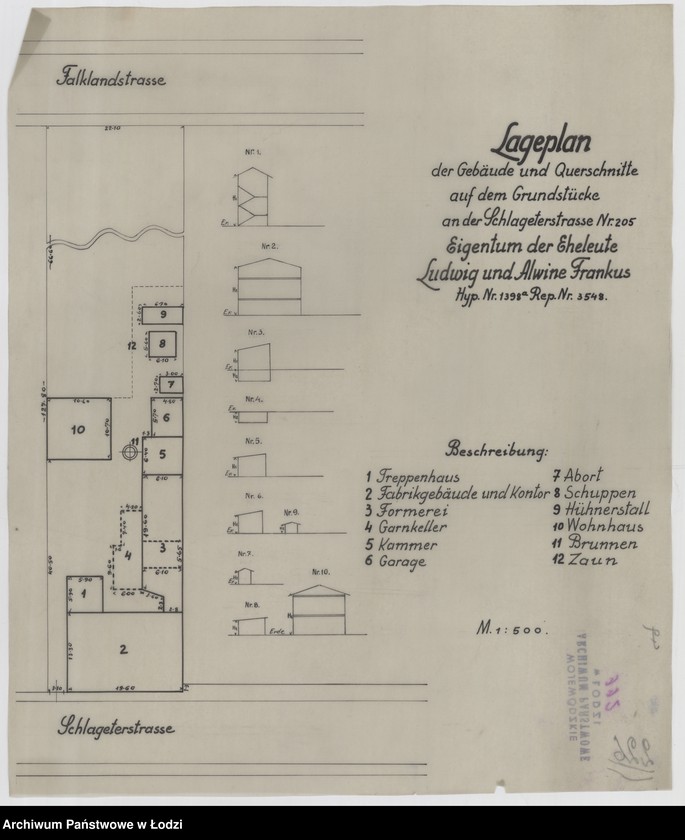 Obraz 1 z jednostki "Lageplan der Gebäude und Querschnitte auf dem Grundstücke an der Schlageterstraße nr 205 Hyp. Nr 1398 a (indeks górny) Rep. Nr 3548 w Łodzi"