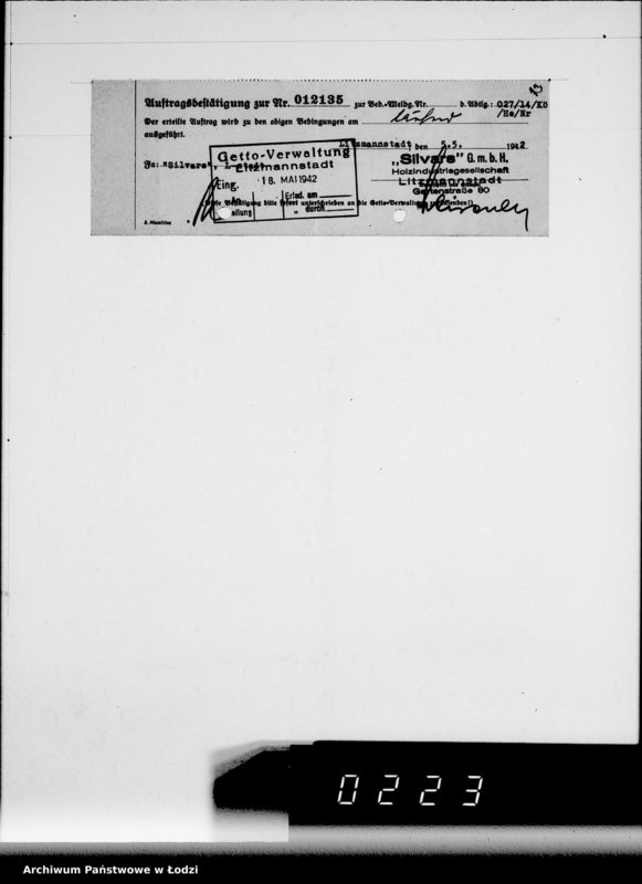 Obraz 16 z jednostki "Aufträge 7611-12089 und Rechnungen Firma Silvars G.m.b.H.Litzmannstadt auf Holzmaterial"