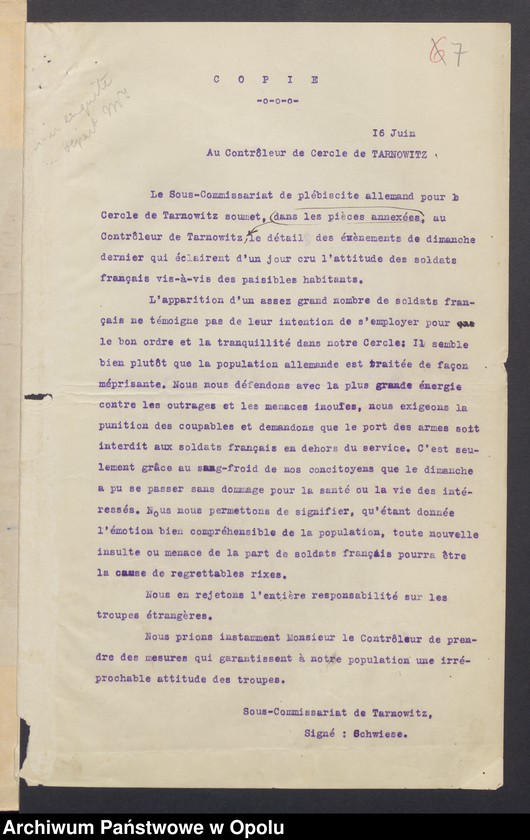 Obraz 9 z jednostki "Commandement Superieur des Forces Alliees en Haute-Silesie-Entrees /Korespondencja wpływająca pochodząca od władz wyższych i jednostek podległych/ 29.06.1920 - 30.10.1920"