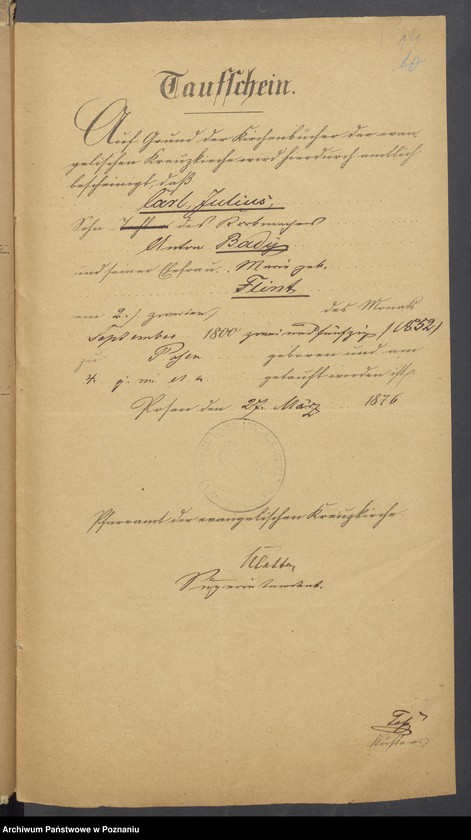 Obraz 16 z jednostki "Die von den Verlobten beigebrachten Urkunden zur Eheschliessung pro 1876"