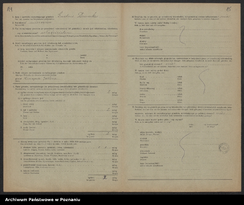 Obraz 13 z jednostki "[Kwestionariusze dotyczące stwierdzenia gruntów znajdujących się po niemieckiej stronie pogranicza a zarządzanych przez zamieszkałych po stronie polskiej] powiat leszczyński"