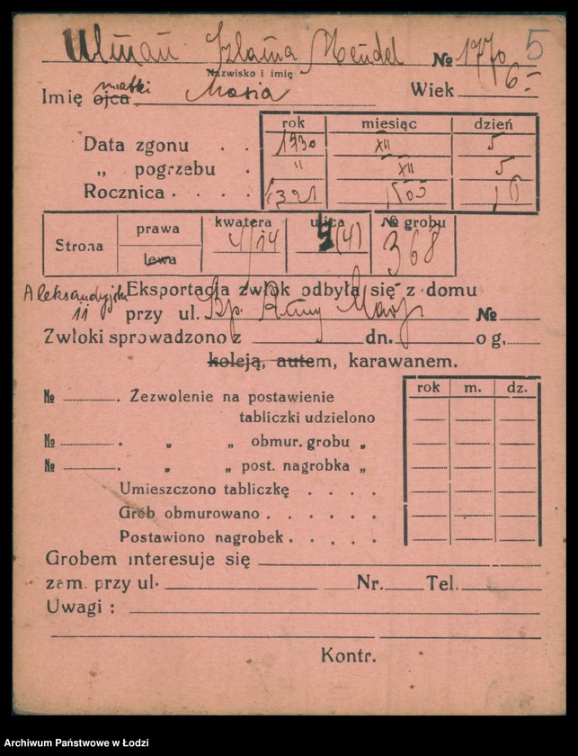 Obraz 6 z jednostki "Kartoteka osób pochowanych na cmentarzu żydowskim przy ulicy Brackiej w latach 1892-1944. Nazwiska na literę U"