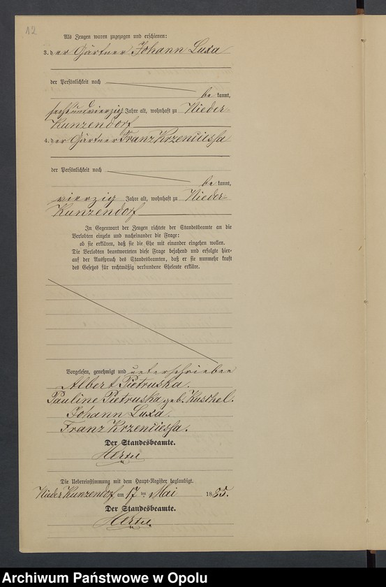 Obraz 16 z jednostki "Heiraths-Neben-Register Standesamts Kunzendorf pro 1885"