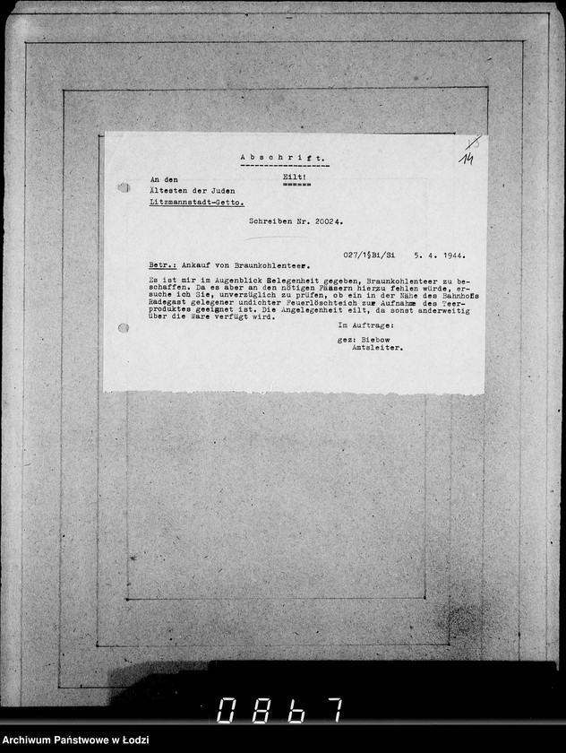 Obraz 18 z jednostki "Juden-Schreiben [Pisma skierowane do Przełożonego Starszeństwa Żydów w Getcie Łódzkim]. Nr.10569-20040"