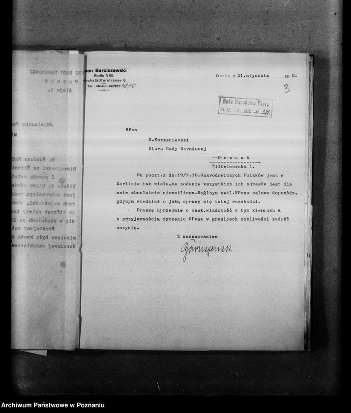 Obraz 7 z jednostki "Korespondencja różna - miedzy innymi sprawozdanie z posiedzenia Komitetu Politycznego w Berlinie, wnioski o subwencję dla Gazety Olsztyńskiej, protest profesora Eugeniusza Romera odnośnie objęcia jedynie Królestwa Polskiego nazwą Polski (nr 482), listy dra Celichowskiego"