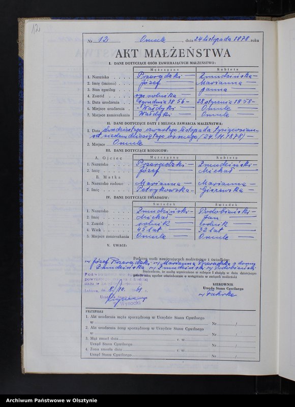 Obraz 14 z jednostki "Księga małżeństw Nr 1 - 12,1 - 9,1 - 15,1 - 12,1 - 17 i 1 - 15 /brak lat 1880 - 1882/ /przepisana w języku polskim z oryginału niemieckiego w dniach 8.10.-11.10.1961/"