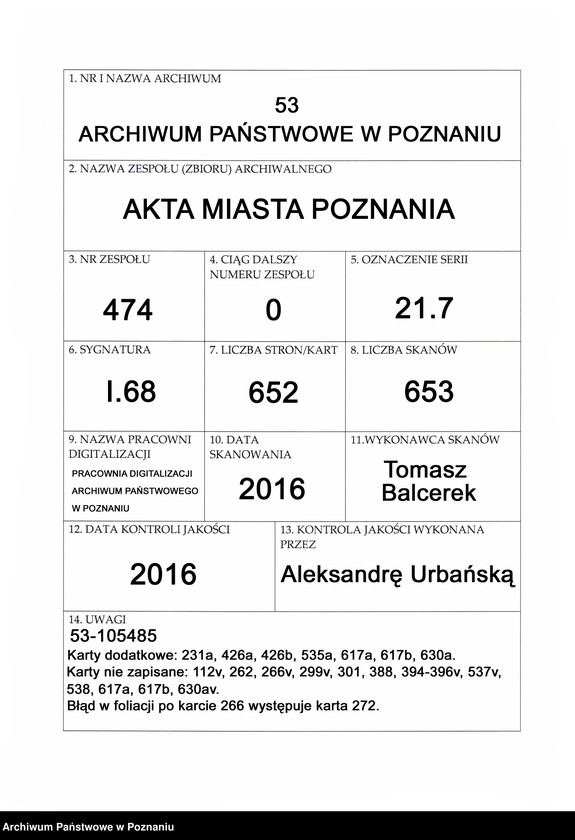 Obraz 1 z jednostki "Acta officii consularis civitatis Posnaniae."