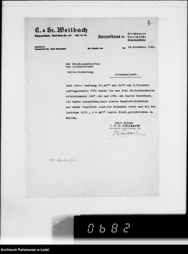 Obraz 13 z jednostki "F-ma St.Weilbach Litzmannstadt II Warenverwertung an den Juden Ältesten. 300 Stck.Teppiche"