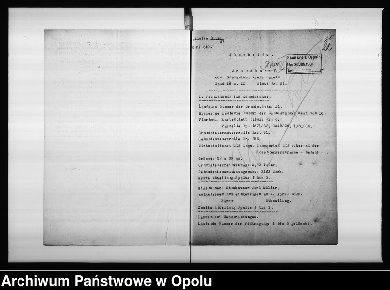 Obraz 20 z jednostki "Magistrat Oppeln. Betrifft: Ritterstrasse Müller Blatt 153 G.V. und 54 Goslawitz"