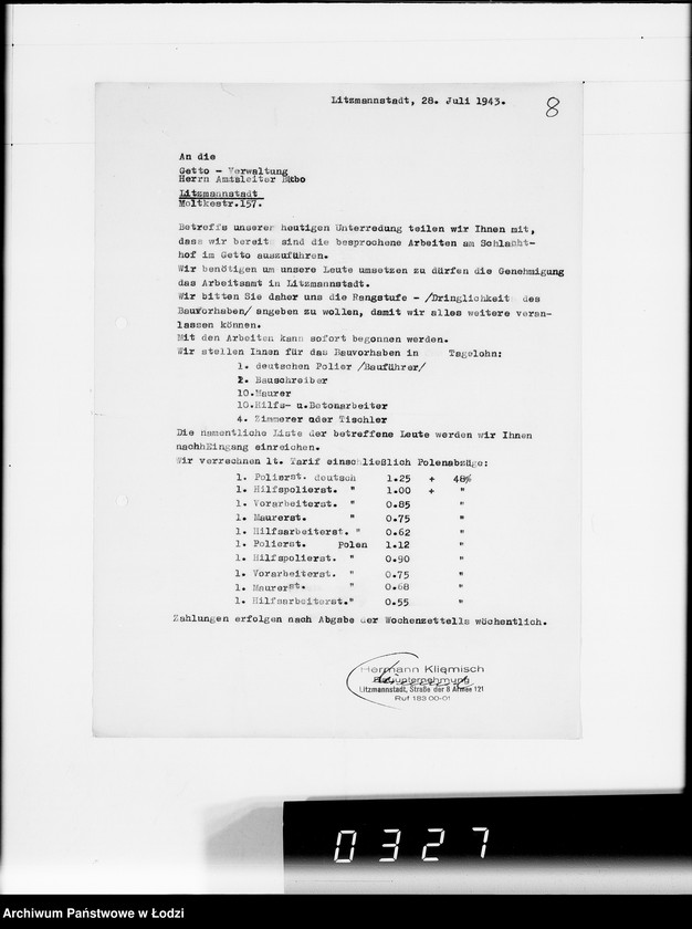 Obraz 12 z jednostki "Fa.Kliemisch.Werkhalle & Baluter-Schlahthof [rachunki za dostawy towarów dla Getta]"